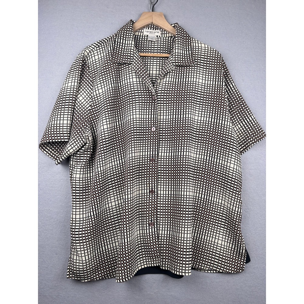 Notations Button Front Shirt Womens 2X Grid Print Short Sleeve Retro